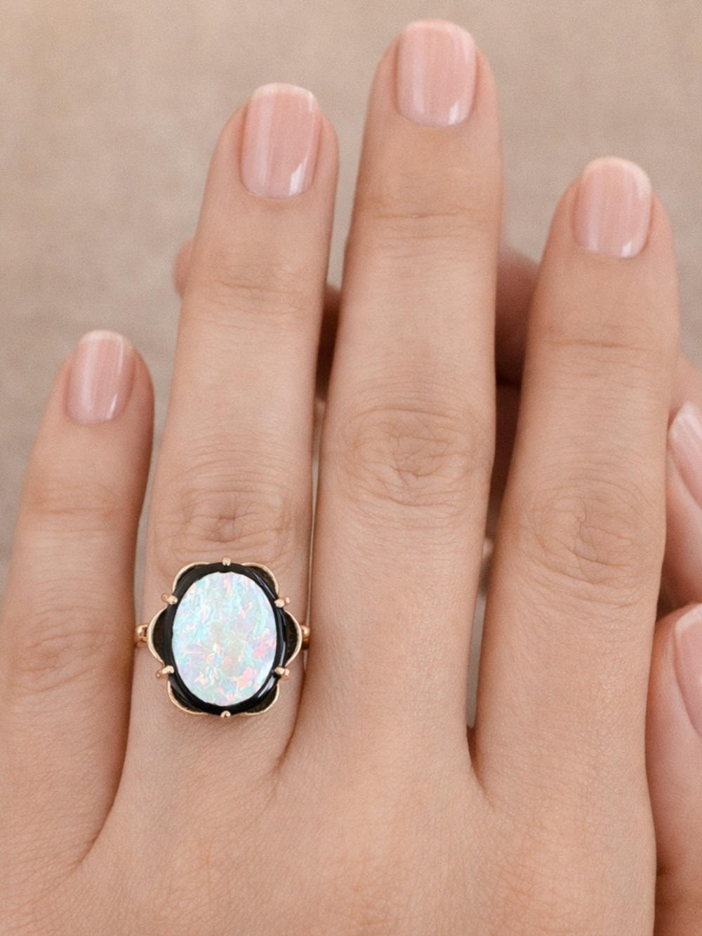 Vintage 10K Yellow Gold Australian Fire Opal & Black Onyx Halo Ring Art Deco